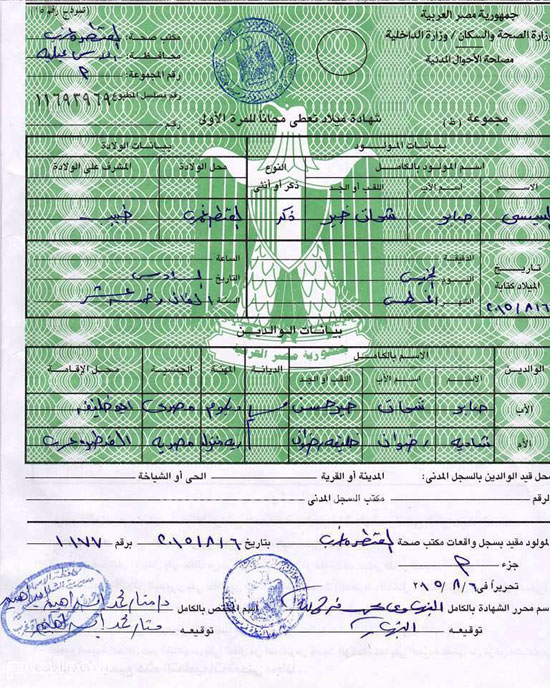 شهادة ميلاد الطفل السيسى -اليوم السابع -8 -2015